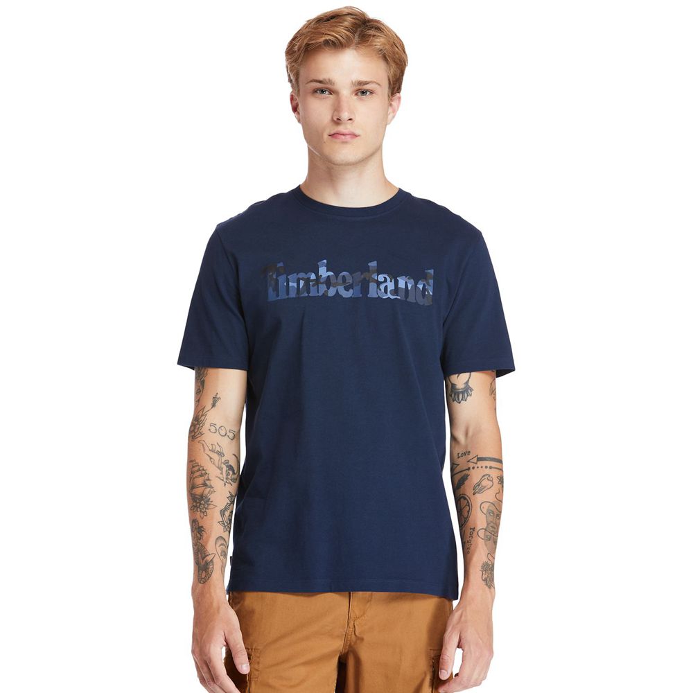 Timberland Mens T-Shirts Kennebec River Camo-Logo - Navy - India UD9758014